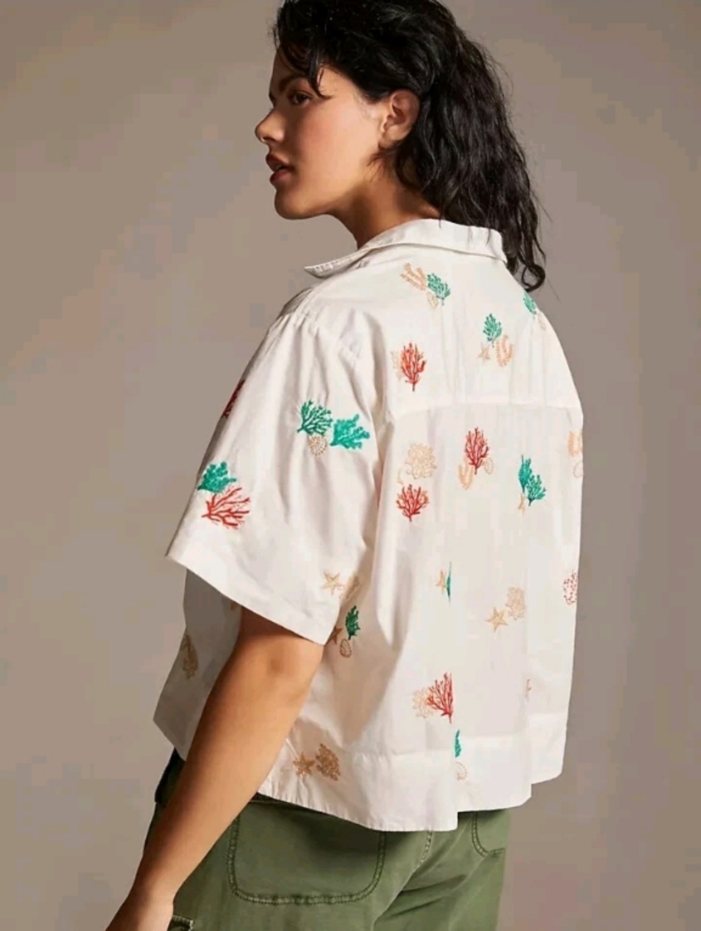 NWT Anthropologie Maeve Cropped Embroidered Surf Button Down Shirt Sz S